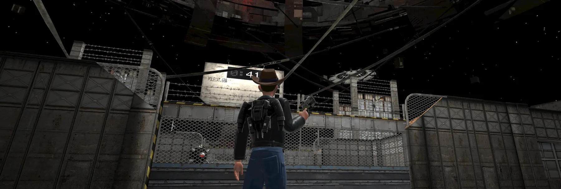 A player in a hat and backpack stands before a fenced compound on a space station, a scoreboard glowing overhead.