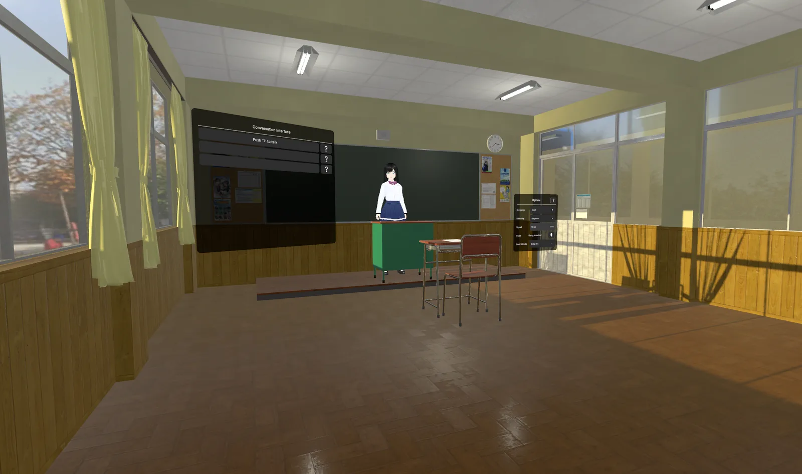 The TalkBoardVR classroom: a teacher stands at a blackboard in a sunlit Japanese classroom, with a floating conversation panel reading "Push T to talk" and an options panel for language, difficulty and speed.